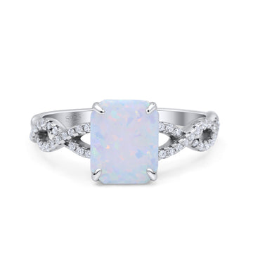 Art Deco Twisted Shank Infinity Emerald Cut Lab Created White Opal 925 Sterling Silver